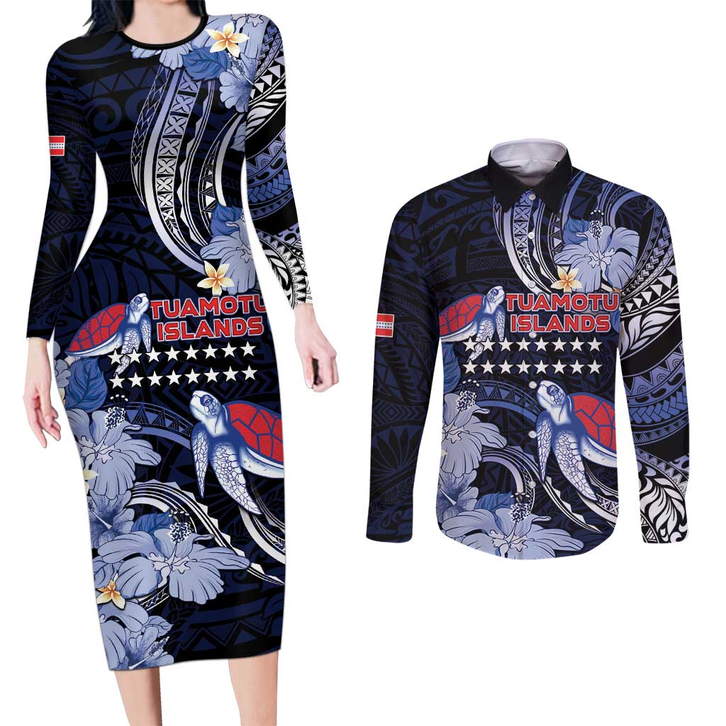 Tuamotu Islands Couples Matching Long Sleeve Bodycon Dress and Long Sleeve Button Shirt Polynesian Pattern With Turtle