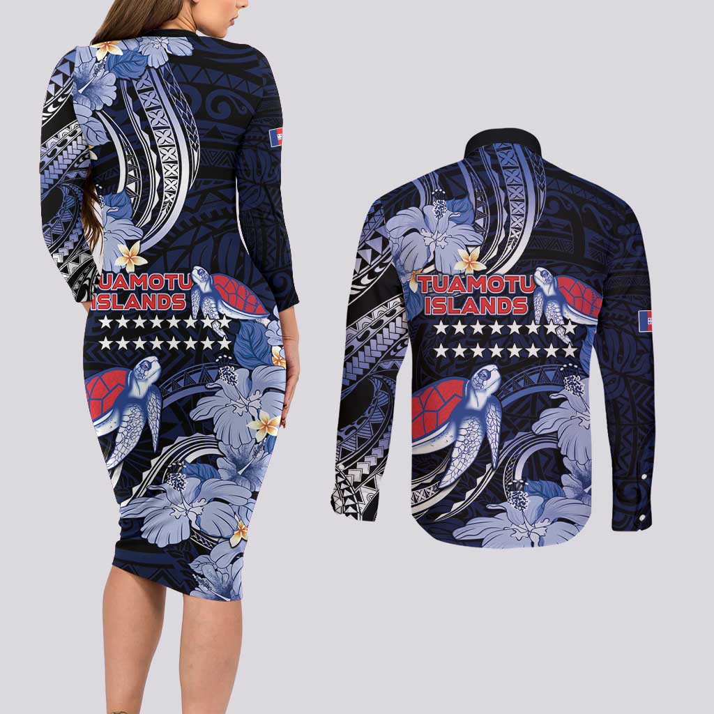 Tuamotu Islands Couples Matching Long Sleeve Bodycon Dress and Long Sleeve Button Shirt Polynesian Pattern With Turtle