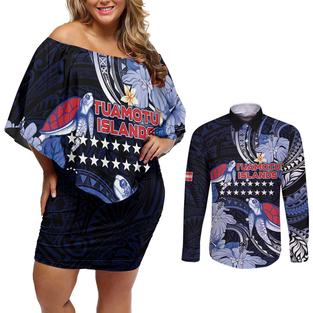 Tuamotu Islands Couples Matching Off Shoulder Short Dress and Long Sleeve Button Shirt Polynesian Pattern With Turtle