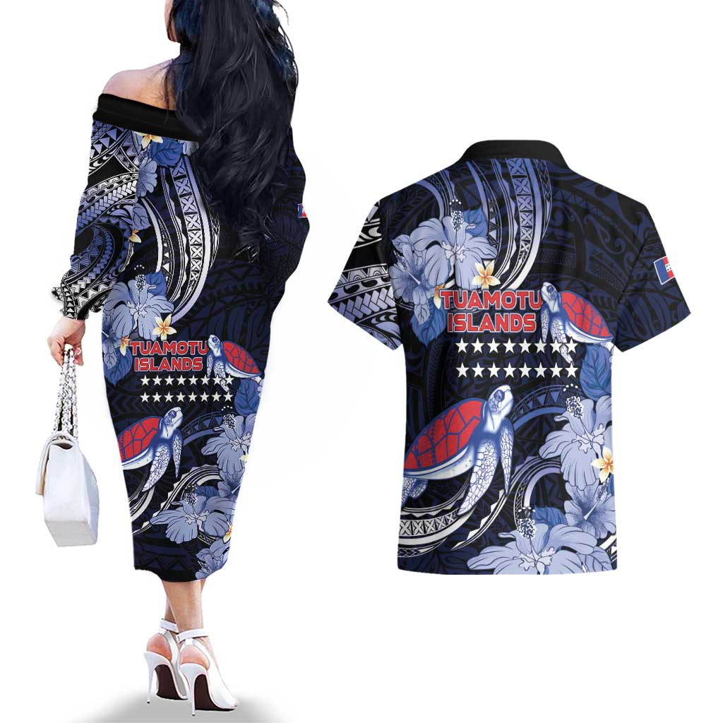 Tuamotu Islands Couples Matching Off The Shoulder Long Sleeve Dress and Hawaiian Shirt Polynesian Pattern With Turtle