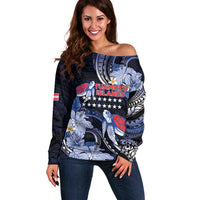 Tuamotu Islands Off Shoulder Sweater Polynesian Pattern With Turtle