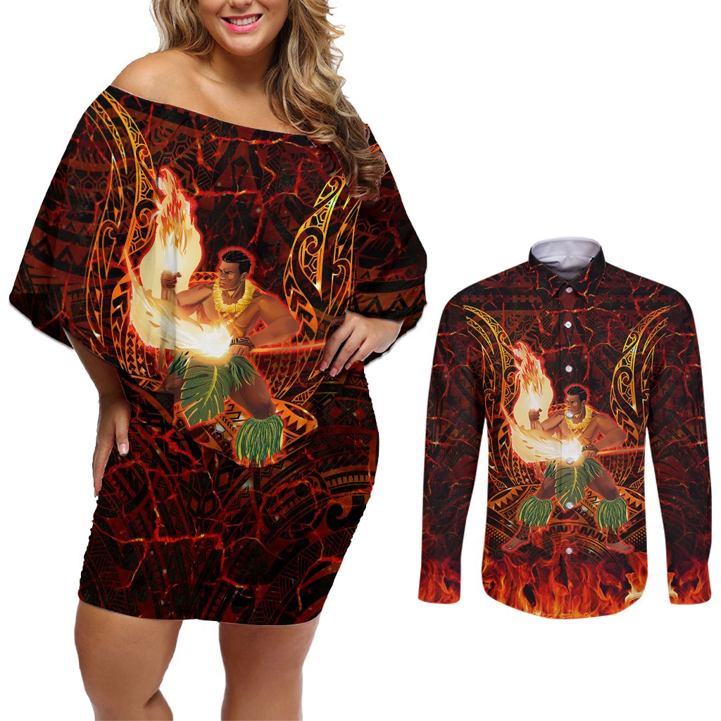 Samoa Siva Afi Festival Couples Matching Off Shoulder Short Dress and Long Sleeve Button Shirt Fire Knife Dancing LT05 Green - Polynesian Pride