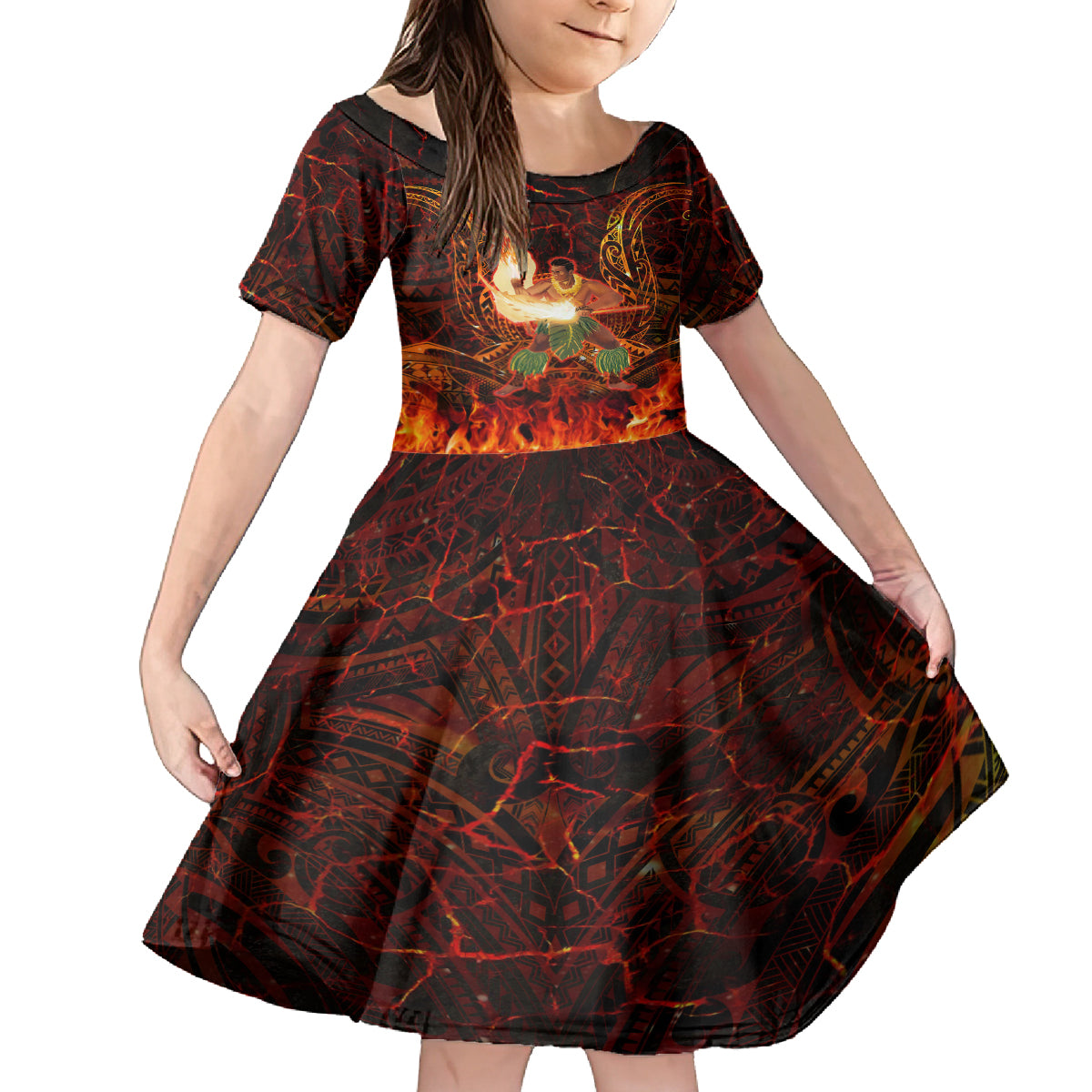 Samoa Siva Afi Festival Family Matching Off Shoulder Long Sleeve Dress and Hawaiian Shirt Fire Knife Dancing LT05 Daughter's Dress Green - Polynesian Pride