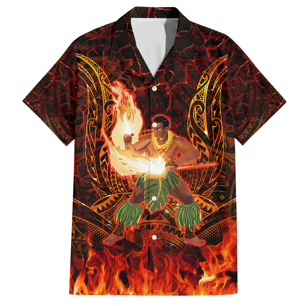 Samoa Siva Afi Festival Family Matching Summer Maxi Dress and Hawaiian Shirt Fire Knife Dancing LT05 Dad's Shirt - Short Sleeve Green - Polynesian Pride