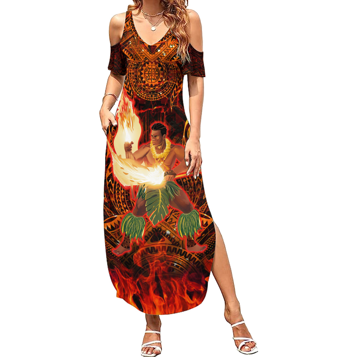 Samoa Siva Afi Festival Family Matching Summer Maxi Dress and Hawaiian Shirt Fire Knife Dancing LT05 Mom's Dress Green - Polynesian Pride