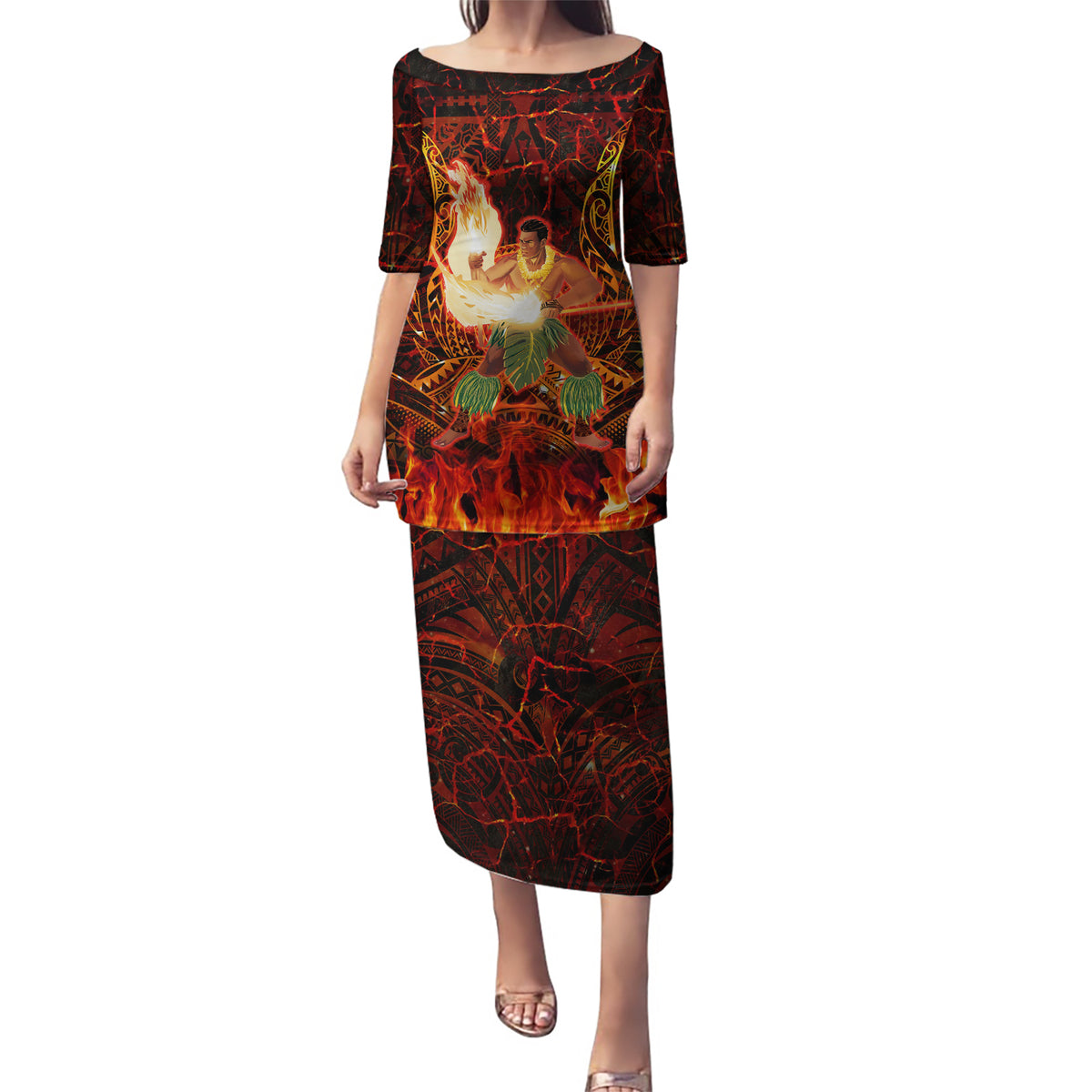 Samoa Siva Afi Festival Puletasi Fire Knife Dancing LT05 Long Dress Green - Polynesian Pride
