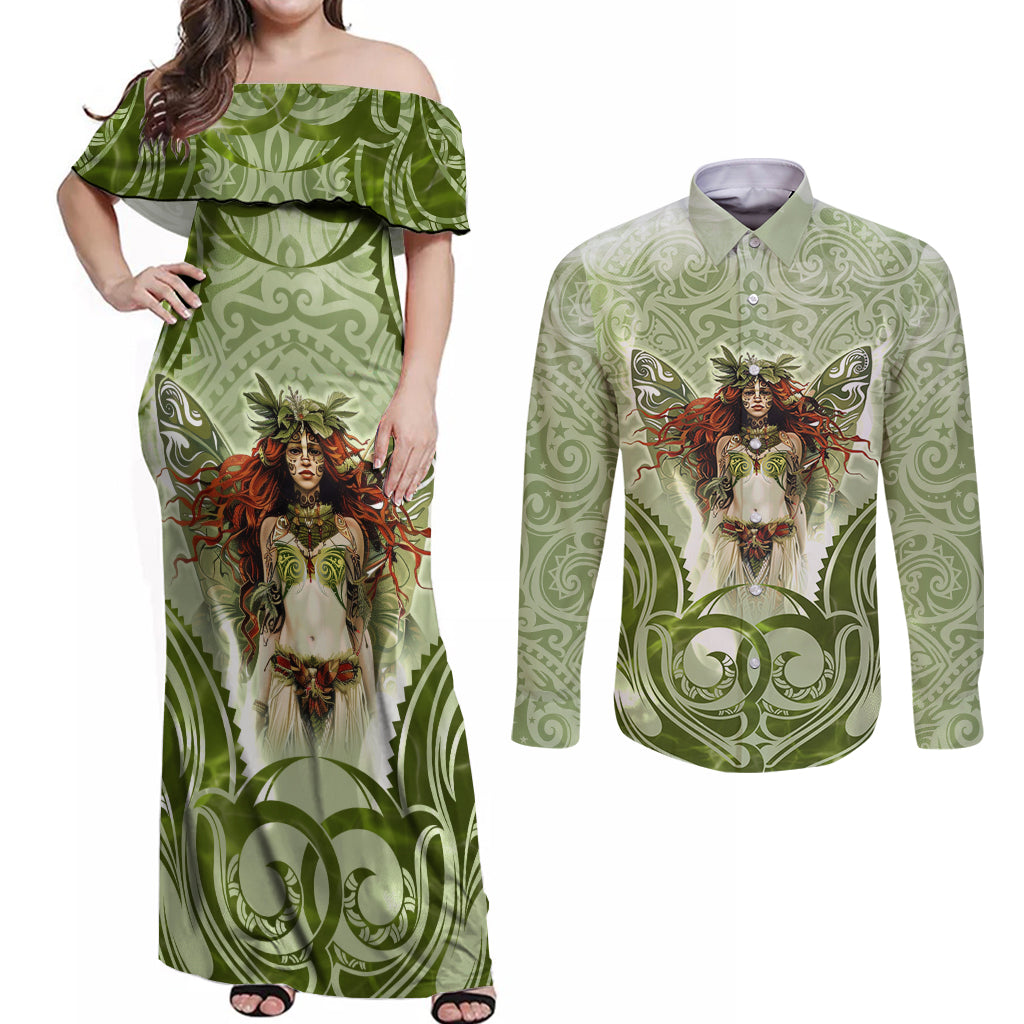 New Zealand Maori Fairy Patupaiarehe Couples Matching Off Shoulder Maxi Dress and Long Sleeve Button Shirt Polynesian Style LT05 Red - Polynesian Pride
