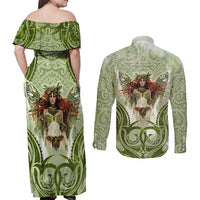 New Zealand Maori Fairy Patupaiarehe Couples Matching Off Shoulder Maxi Dress and Long Sleeve Button Shirt Polynesian Style LT05 - Polynesian Pride