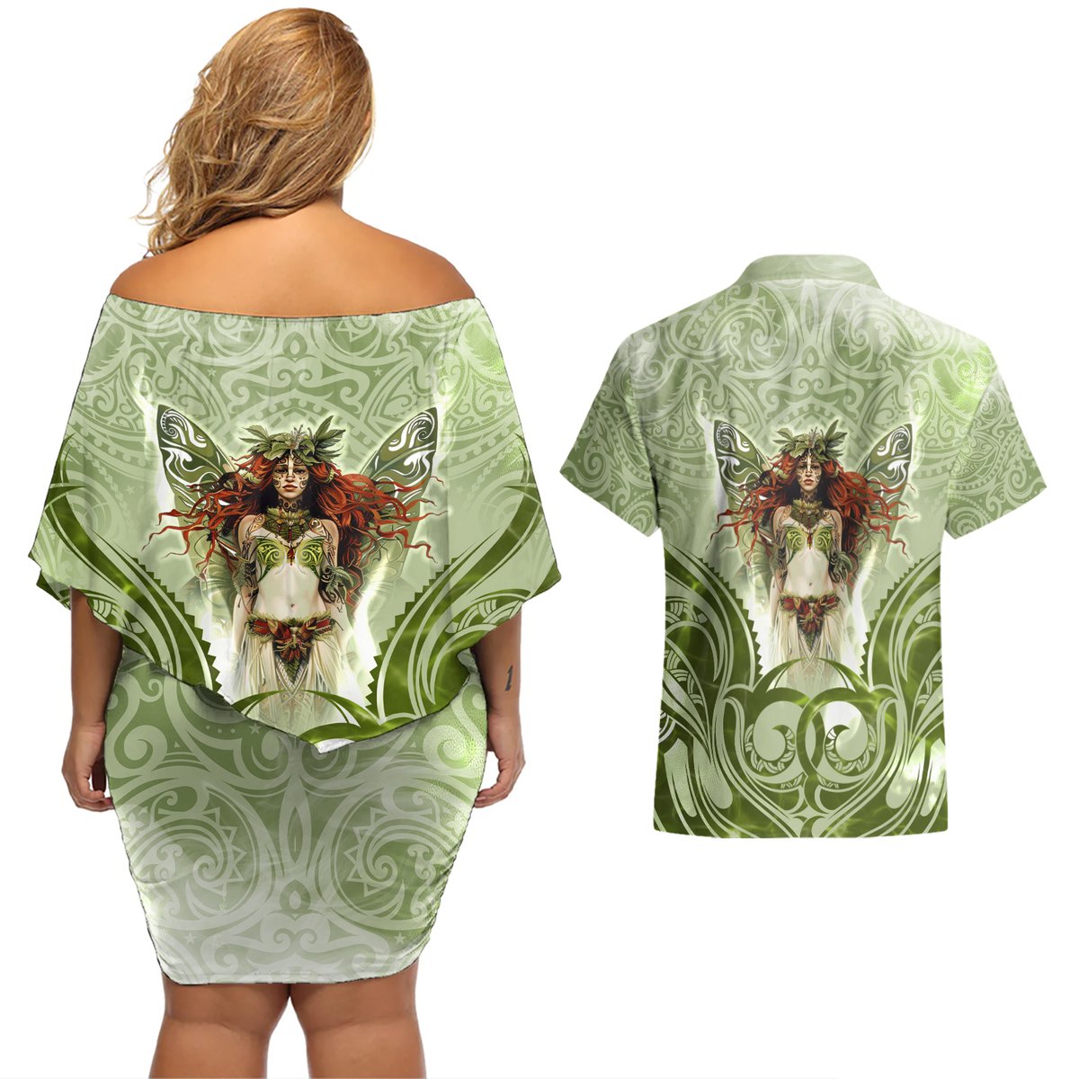 New Zealand Maori Fairy Patupaiarehe Couples Matching Off Shoulder Short Dress and Hawaiian Shirt Polynesian Style LT05 - Polynesian Pride