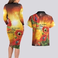 ANZAC Day Red Poppy Couples Matching Long Sleeve Bodycon Dress and Hawaiian Shirt Honoring The ANZAC Spirit LT05 - Polynesian Pride