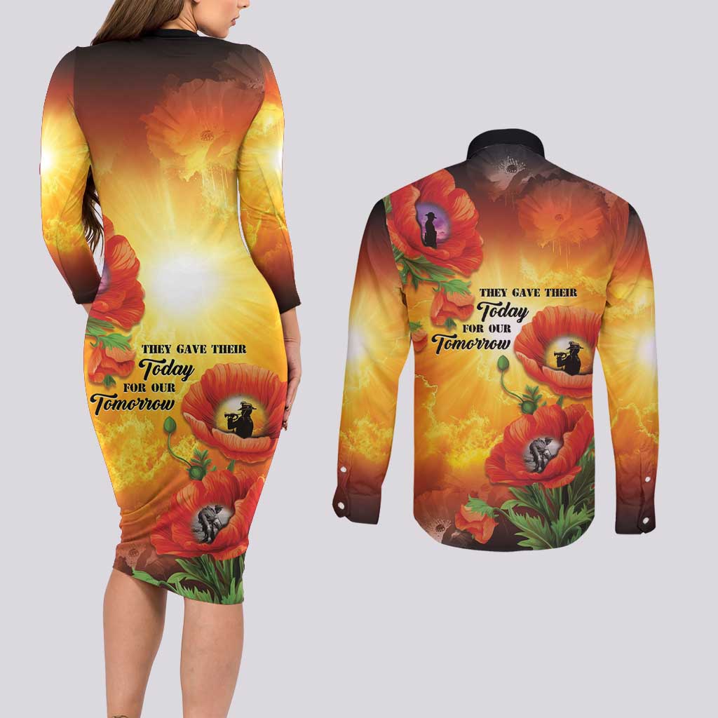 ANZAC Day Red Poppy Couples Matching Long Sleeve Bodycon Dress and Long Sleeve Button Shirt Honoring The ANZAC Spirit LT05 - Polynesian Pride