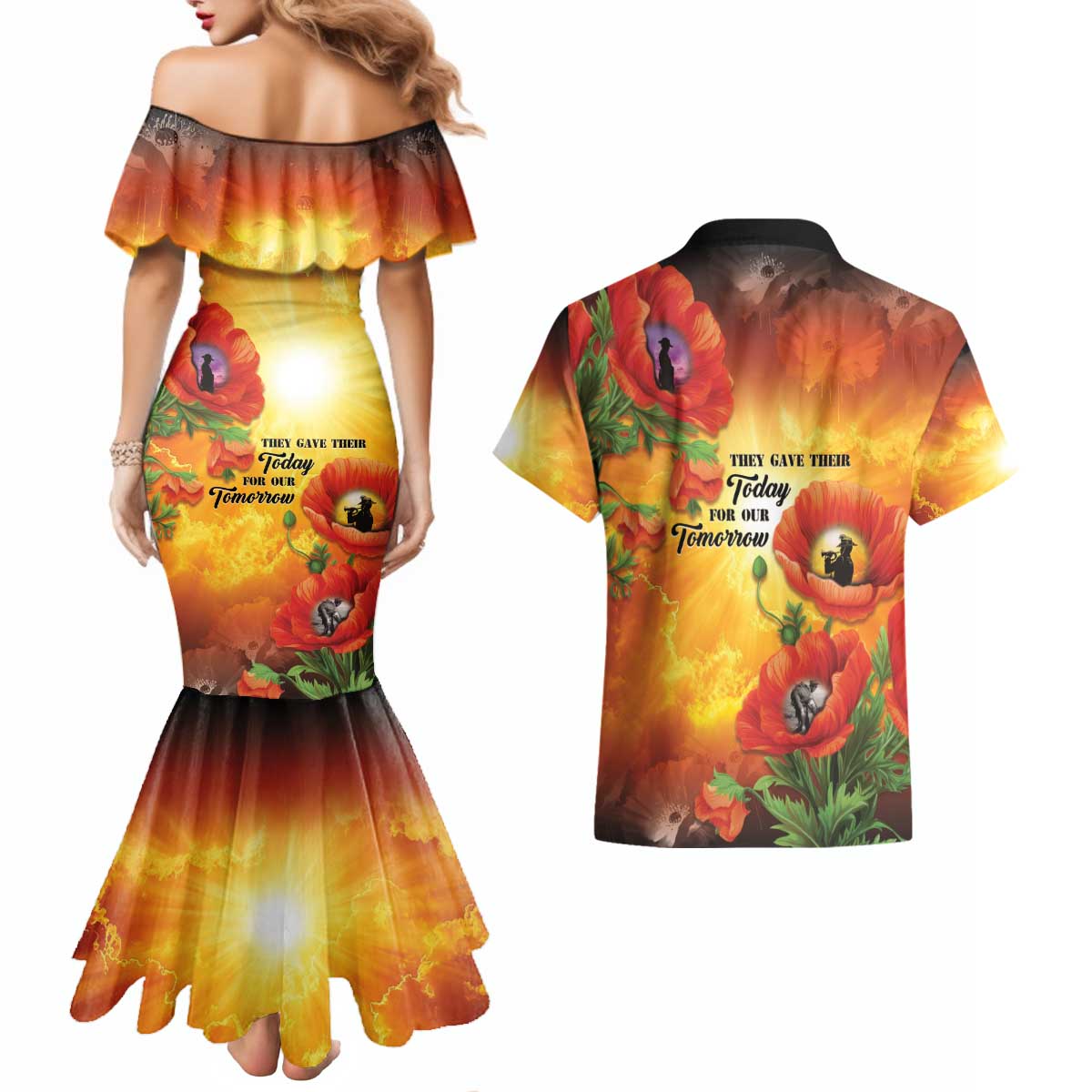 ANZAC Day Red Poppy Couples Matching Mermaid Dress and Hawaiian Shirt Honoring The ANZAC Spirit LT05 - Polynesian Pride