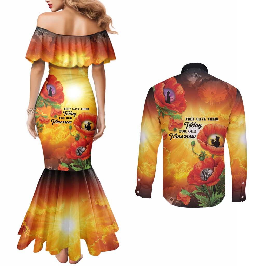 ANZAC Day Red Poppy Couples Matching Mermaid Dress and Long Sleeve Button Shirt Honoring The ANZAC Spirit LT05 - Polynesian Pride