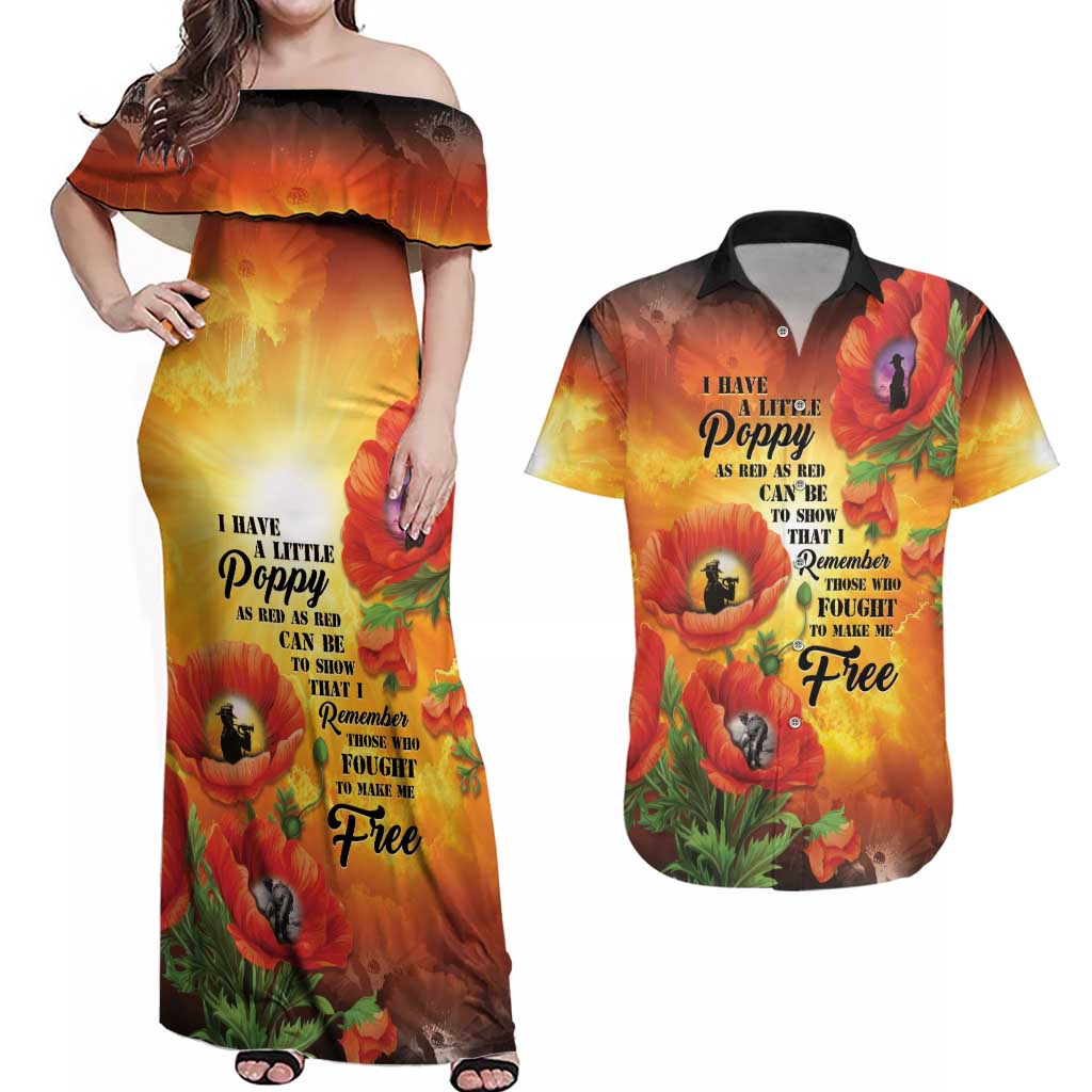 ANZAC Day Red Poppy Couples Matching Off Shoulder Maxi Dress and Hawaiian Shirt Honoring The ANZAC Spirit LT05 Orange - Polynesian Pride
