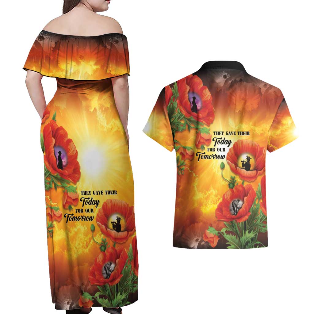 ANZAC Day Red Poppy Couples Matching Off Shoulder Maxi Dress and Hawaiian Shirt Honoring The ANZAC Spirit LT05 - Polynesian Pride