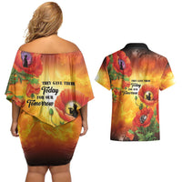 ANZAC Day Red Poppy Couples Matching Off Shoulder Short Dress and Hawaiian Shirt Honoring The ANZAC Spirit LT05 - Polynesian Pride