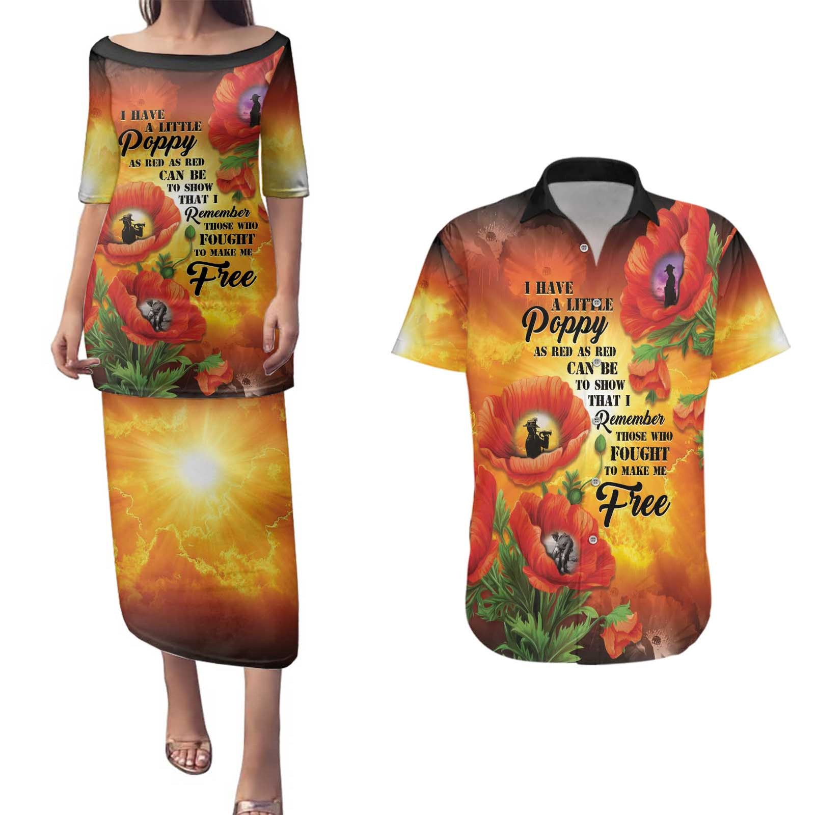 ANZAC Day Red Poppy Couples Matching Puletasi and Hawaiian Shirt Honoring The ANZAC Spirit