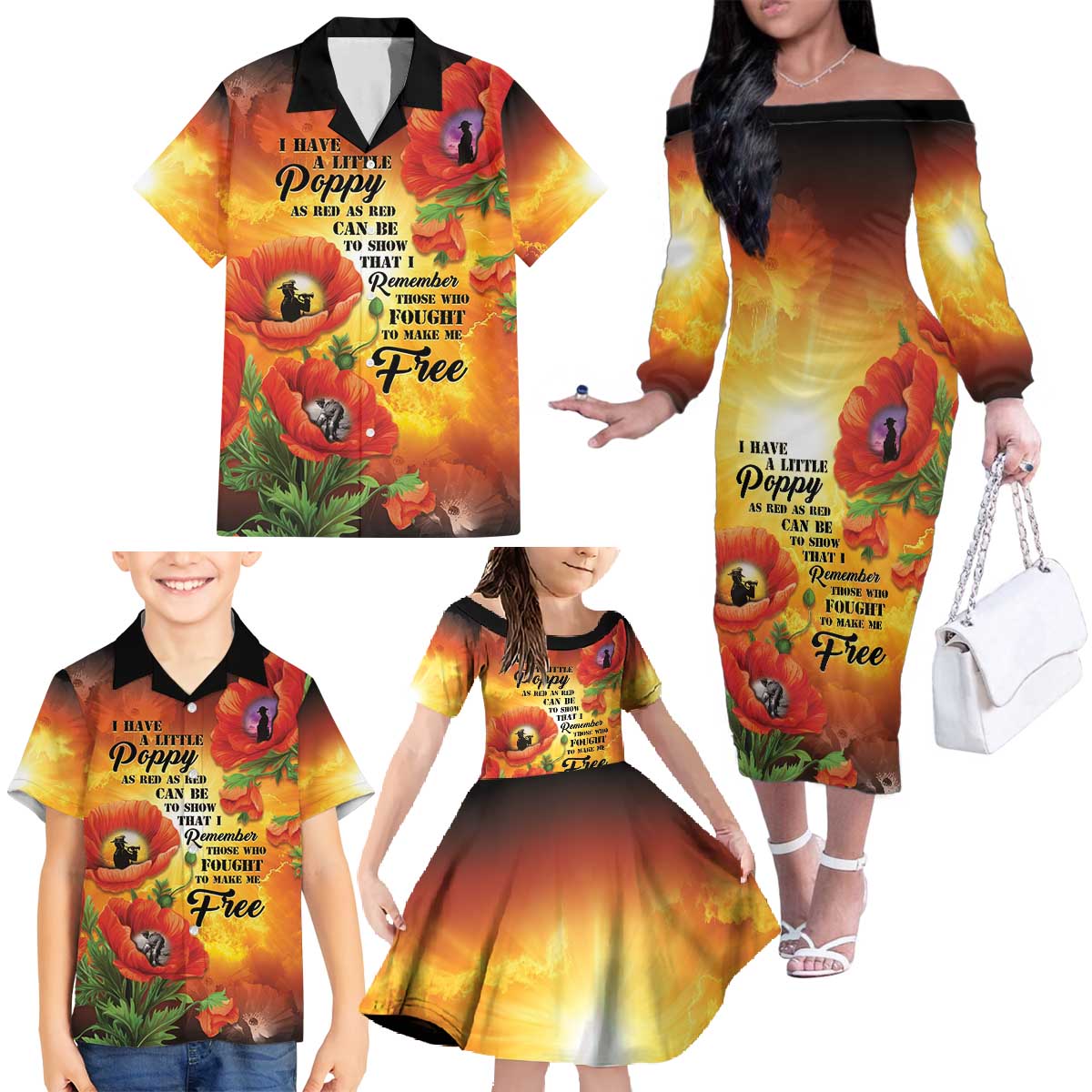 ANZAC Day Red Poppy Family Matching Off The Shoulder Long Sleeve Dress and Hawaiian Shirt Honoring The ANZAC Spirit LT05 - Polynesian Pride