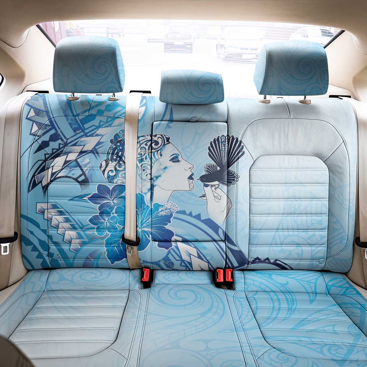 Aotearoa Maori Wahine Back Car Seat Cover Fantail Bird Blue Gold Marble