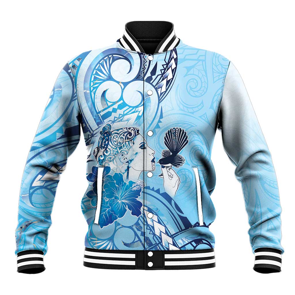 Aotearoa Maori Wahine Baseball Jacket Fantail Bird Blue Gold Marble