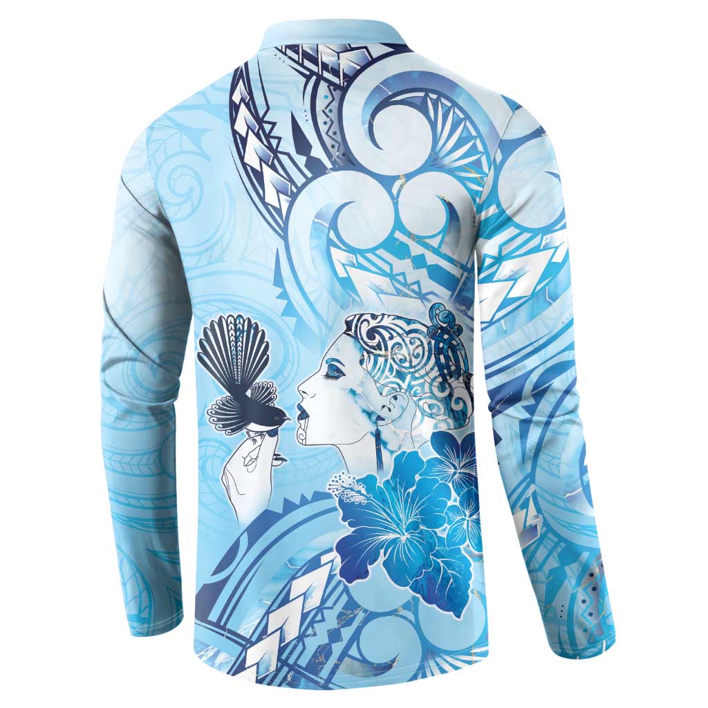 Aotearoa Maori Wahine Button Sweatshirt Fantail Bird Blue Gold Marble