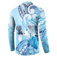 Aotearoa Maori Wahine Button Sweatshirt Fantail Bird Blue Gold Marble