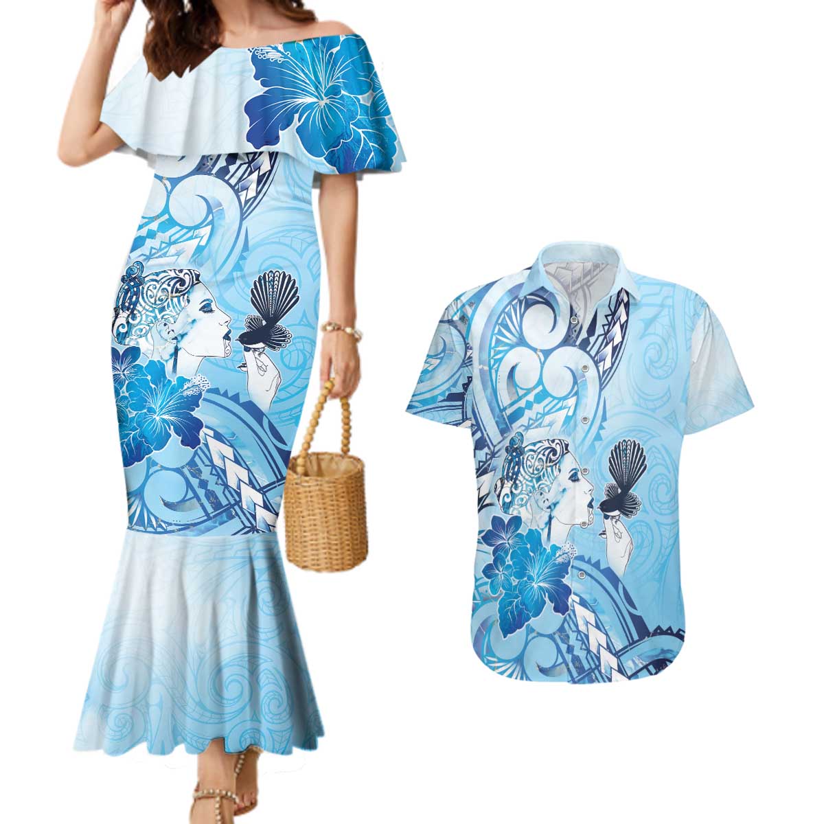 Aotearoa Maori Wahine Couples Matching Mermaid Dress and Hawaiian Shirt Fantail Bird Blue Gold Marble LT05 Blue - Polynesian Pride
