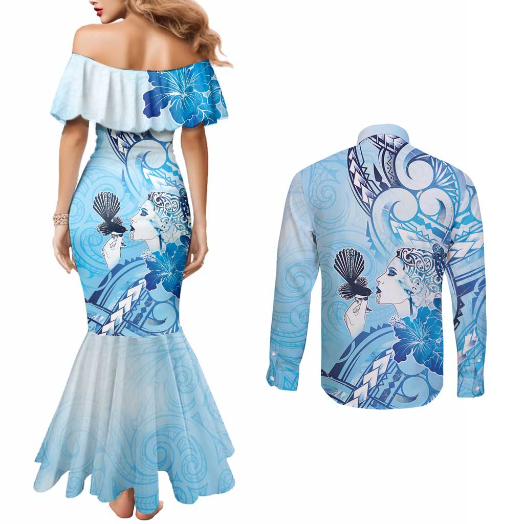 Aotearoa Maori Wahine Couples Matching Mermaid Dress and Long Sleeve Button Shirt Fantail Bird Blue Gold Marble LT05 - Polynesian Pride