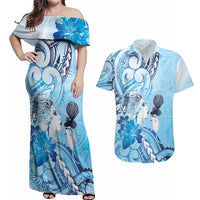 Aotearoa Maori Wahine Couples Matching Off Shoulder Maxi Dress and Hawaiian Shirt Fantail Bird Blue Gold Marble LT05 Blue - Polynesian Pride