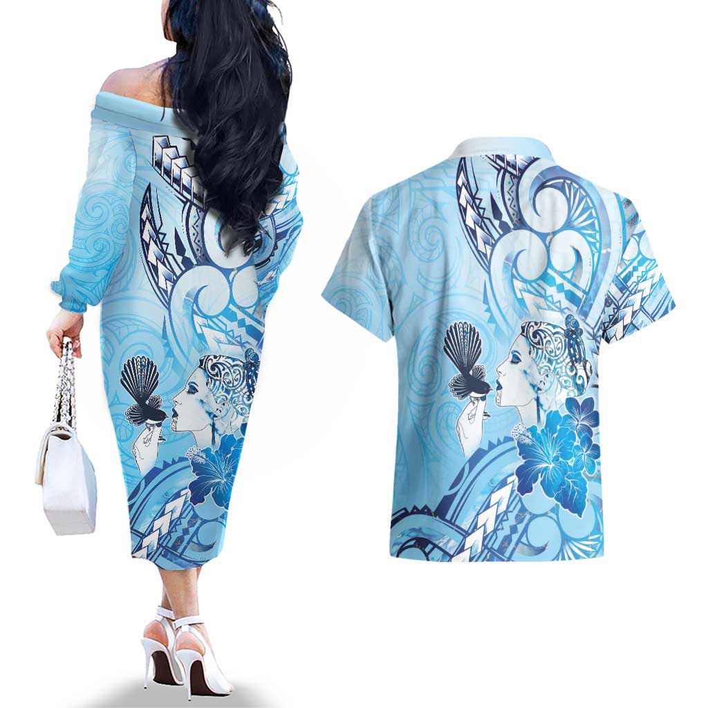 Aotearoa Maori Wahine Couples Matching Off The Shoulder Long Sleeve Dress and Hawaiian Shirt Fantail Bird Blue Gold Marble LT05 - Polynesian Pride