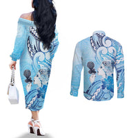 Aotearoa Maori Wahine Couples Matching Off The Shoulder Long Sleeve Dress and Long Sleeve Button Shirt Fantail Bird Blue Gold Marble LT05 - Polynesian Pride