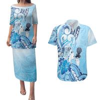 Aotearoa Maori Wahine Couples Matching Puletasi and Hawaiian Shirt Fantail Bird Blue Gold Marble