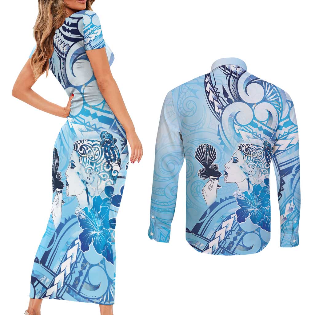 Aotearoa Maori Wahine Couples Matching Short Sleeve Bodycon Dress and Long Sleeve Button Shirt Fantail Bird Blue Gold Marble LT05 - Polynesian Pride
