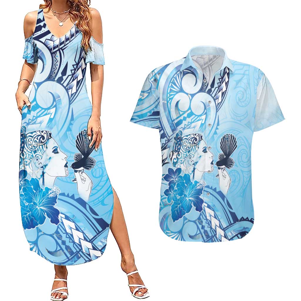Aotearoa Maori Wahine Couples Matching Summer Maxi Dress and Hawaiian Shirt Fantail Bird Blue Gold Marble LT05 Blue - Polynesian Pride