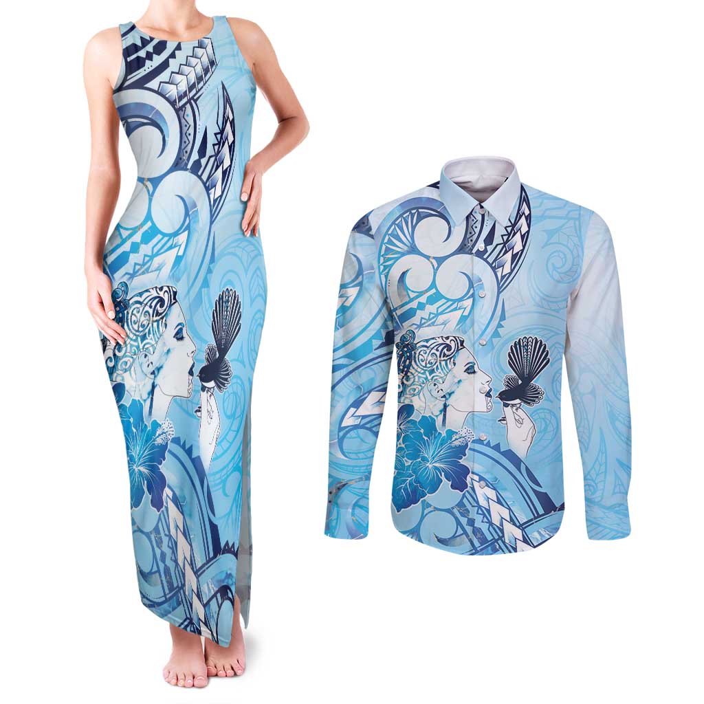 Aotearoa Maori Wahine Couples Matching Tank Maxi Dress and Long Sleeve Button Shirt Fantail Bird Blue Gold Marble