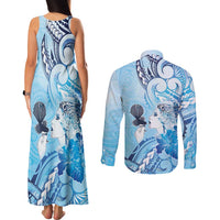Aotearoa Maori Wahine Couples Matching Tank Maxi Dress and Long Sleeve Button Shirt Fantail Bird Blue Gold Marble LT05 - Polynesian Pride
