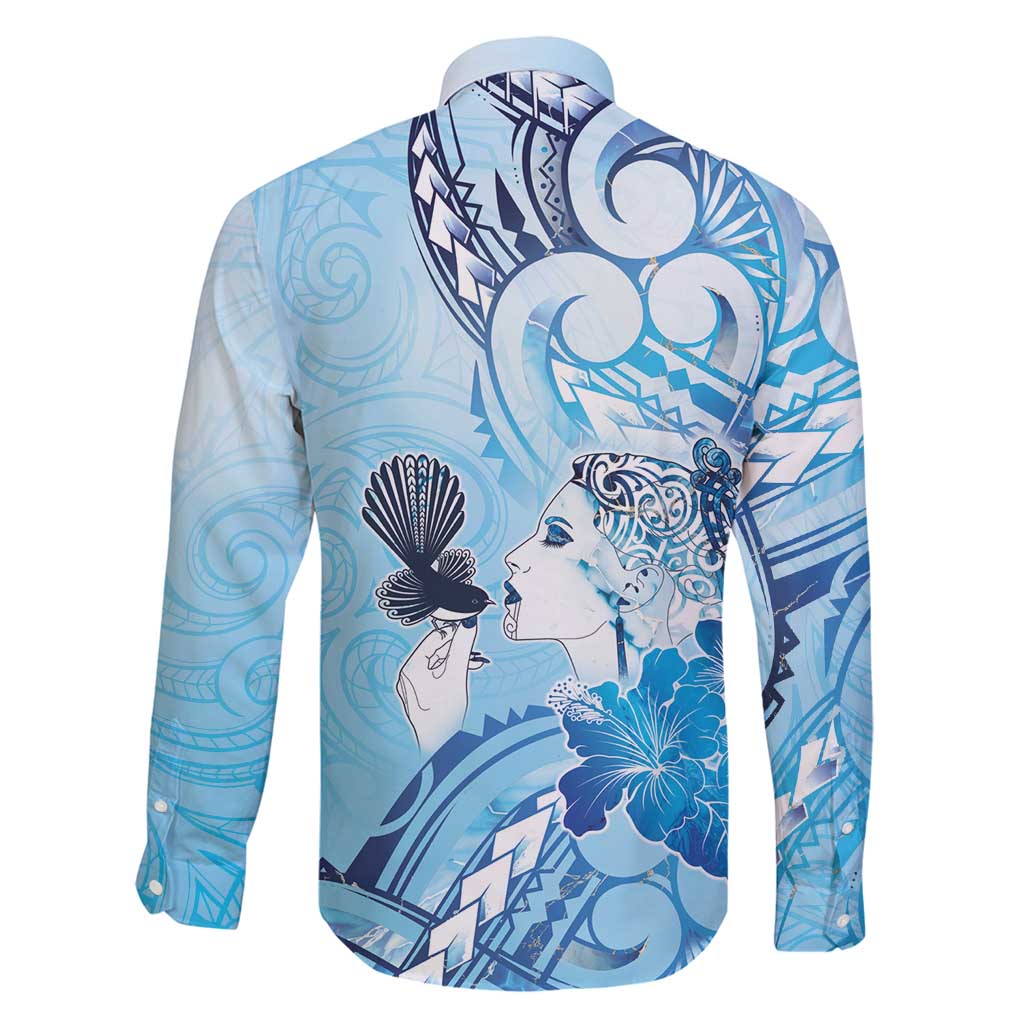 Aotearoa Maori Wahine Family Matching Long Sleeve Bodycon Dress and Hawaiian Shirt Fantail Bird Blue Gold Marble LT05 - Polynesian Pride