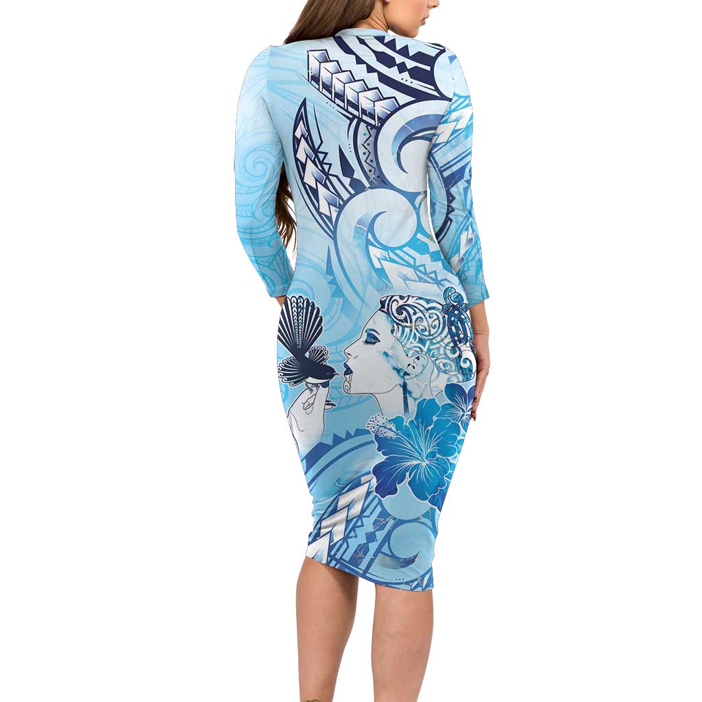 Aotearoa Maori Wahine Family Matching Long Sleeve Bodycon Dress and Hawaiian Shirt Fantail Bird Blue Gold Marble LT05 - Polynesian Pride