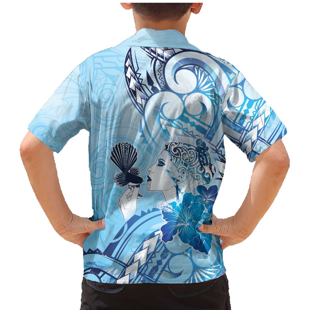 Aotearoa Maori Wahine Family Matching Mermaid Dress and Hawaiian Shirt Fantail Bird Blue Gold Marble LT05 - Polynesian Pride