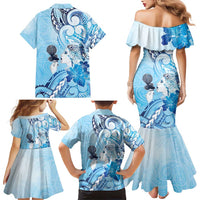 Aotearoa Maori Wahine Family Matching Mermaid Dress and Hawaiian Shirt Fantail Bird Blue Gold Marble LT05 - Polynesian Pride