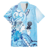 Aotearoa Maori Wahine Family Matching Mermaid Dress and Hawaiian Shirt Fantail Bird Blue Gold Marble LT05 Dad's Shirt - Short Sleeve Blue - Polynesian Pride