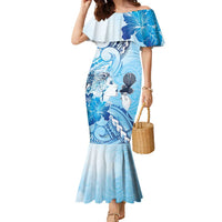 Aotearoa Maori Wahine Family Matching Mermaid Dress and Hawaiian Shirt Fantail Bird Blue Gold Marble LT05 Mom's Dress Blue - Polynesian Pride