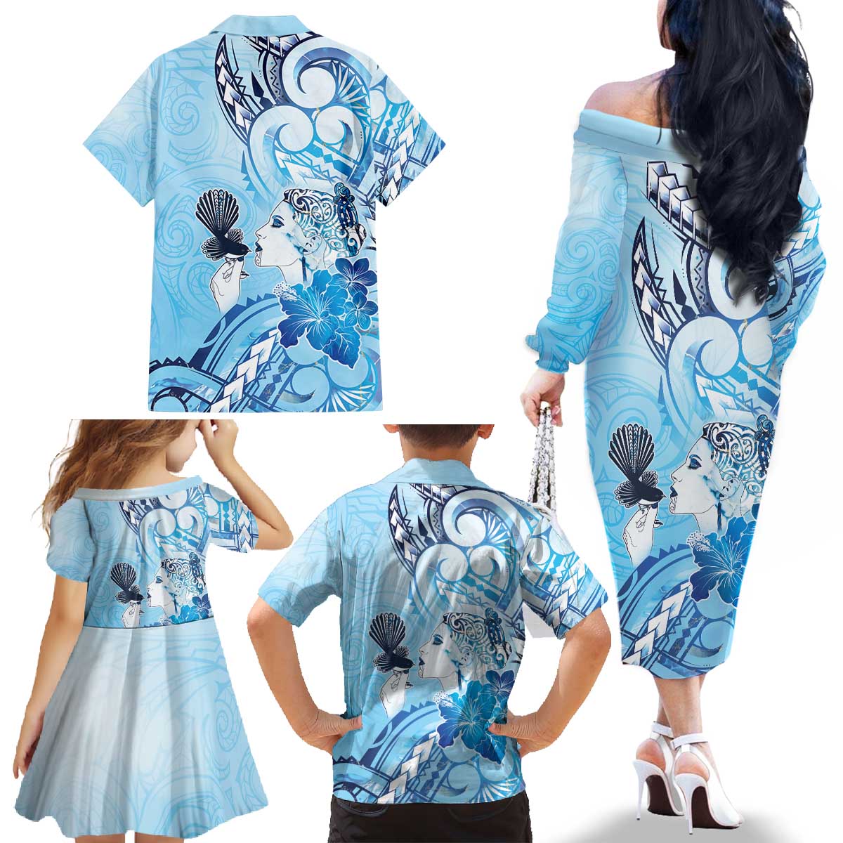 Aotearoa Maori Wahine Family Matching Off The Shoulder Long Sleeve Dress and Hawaiian Shirt Fantail Bird Blue Gold Marble LT05 - Polynesian Pride