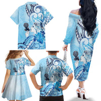 Aotearoa Maori Wahine Family Matching Off The Shoulder Long Sleeve Dress and Hawaiian Shirt Fantail Bird Blue Gold Marble LT05 - Polynesian Pride