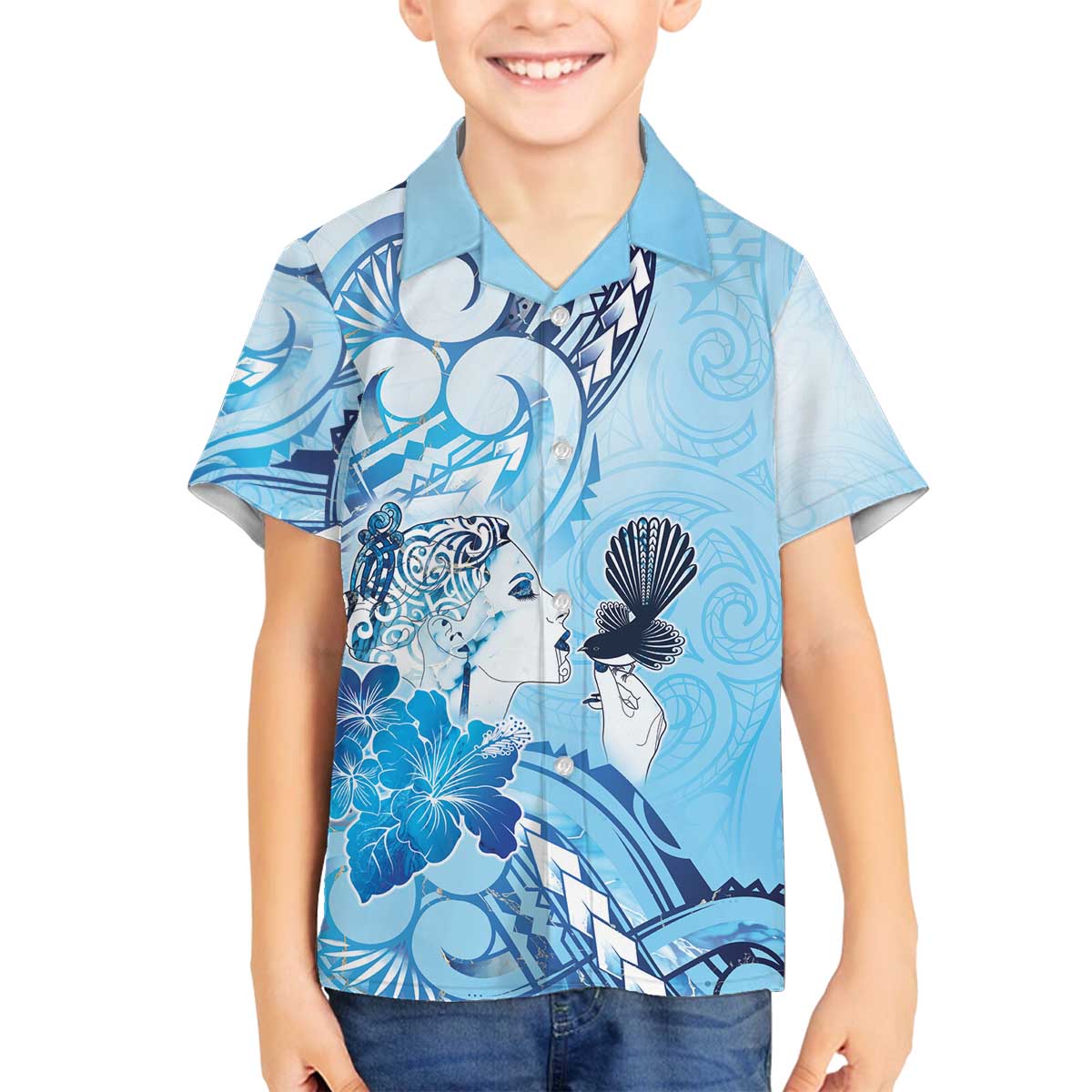 Aotearoa Maori Wahine Family Matching Off The Shoulder Long Sleeve Dress and Hawaiian Shirt Fantail Bird Blue Gold Marble LT05 Son's Shirt Blue - Polynesian Pride