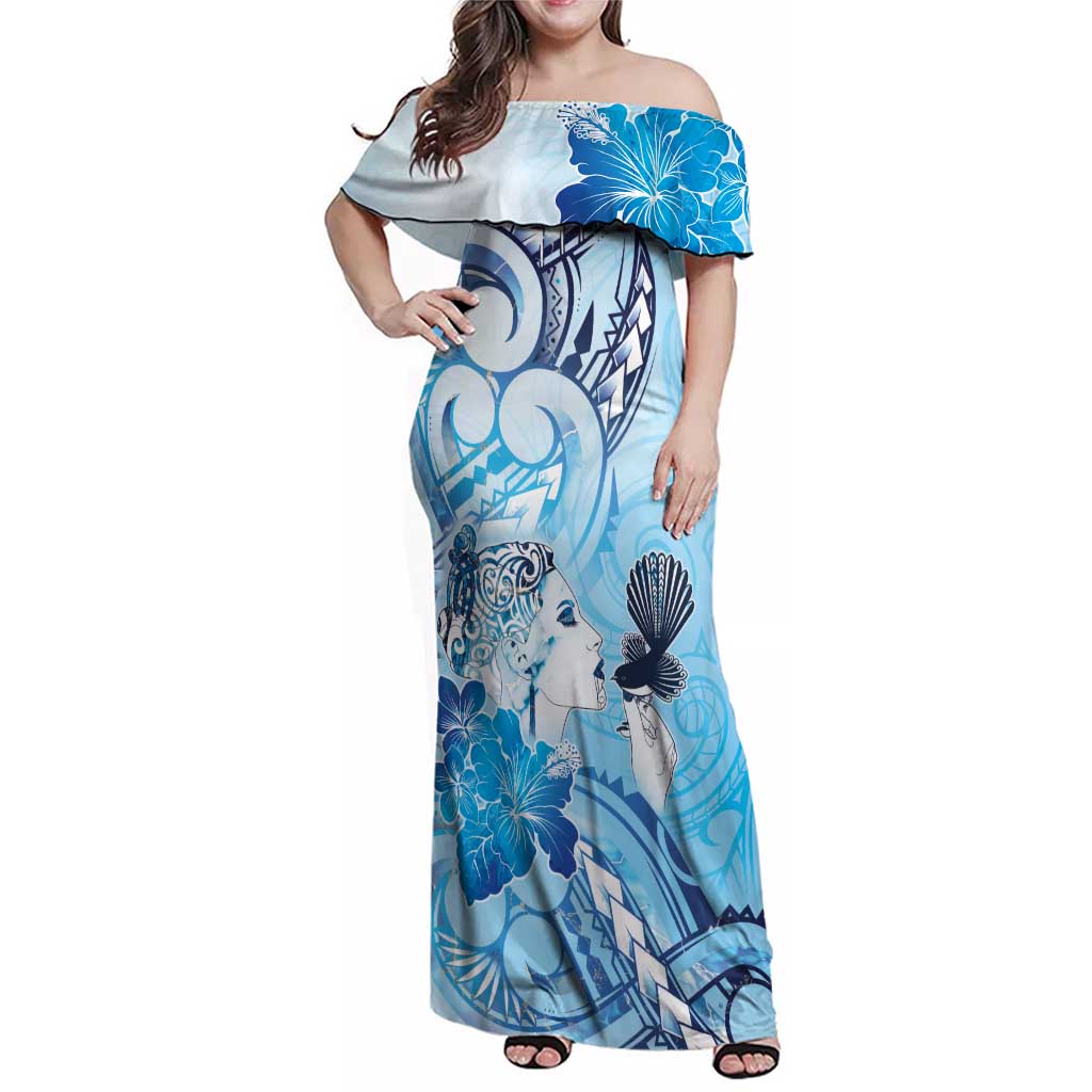 Aotearoa Maori Wahine Family Matching Off Shoulder Maxi Dress and Hawaiian Shirt Fantail Bird Blue Gold Marble LT05 Mom's Dress Blue - Polynesian Pride