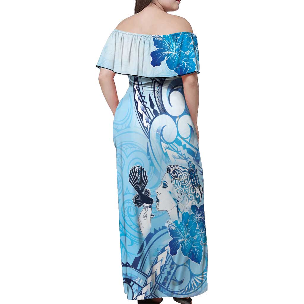 Aotearoa Maori Wahine Family Matching Off Shoulder Maxi Dress and Hawaiian Shirt Fantail Bird Blue Gold Marble LT05 - Polynesian Pride