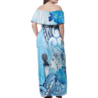 Aotearoa Maori Wahine Family Matching Off Shoulder Maxi Dress and Hawaiian Shirt Fantail Bird Blue Gold Marble LT05 - Polynesian Pride