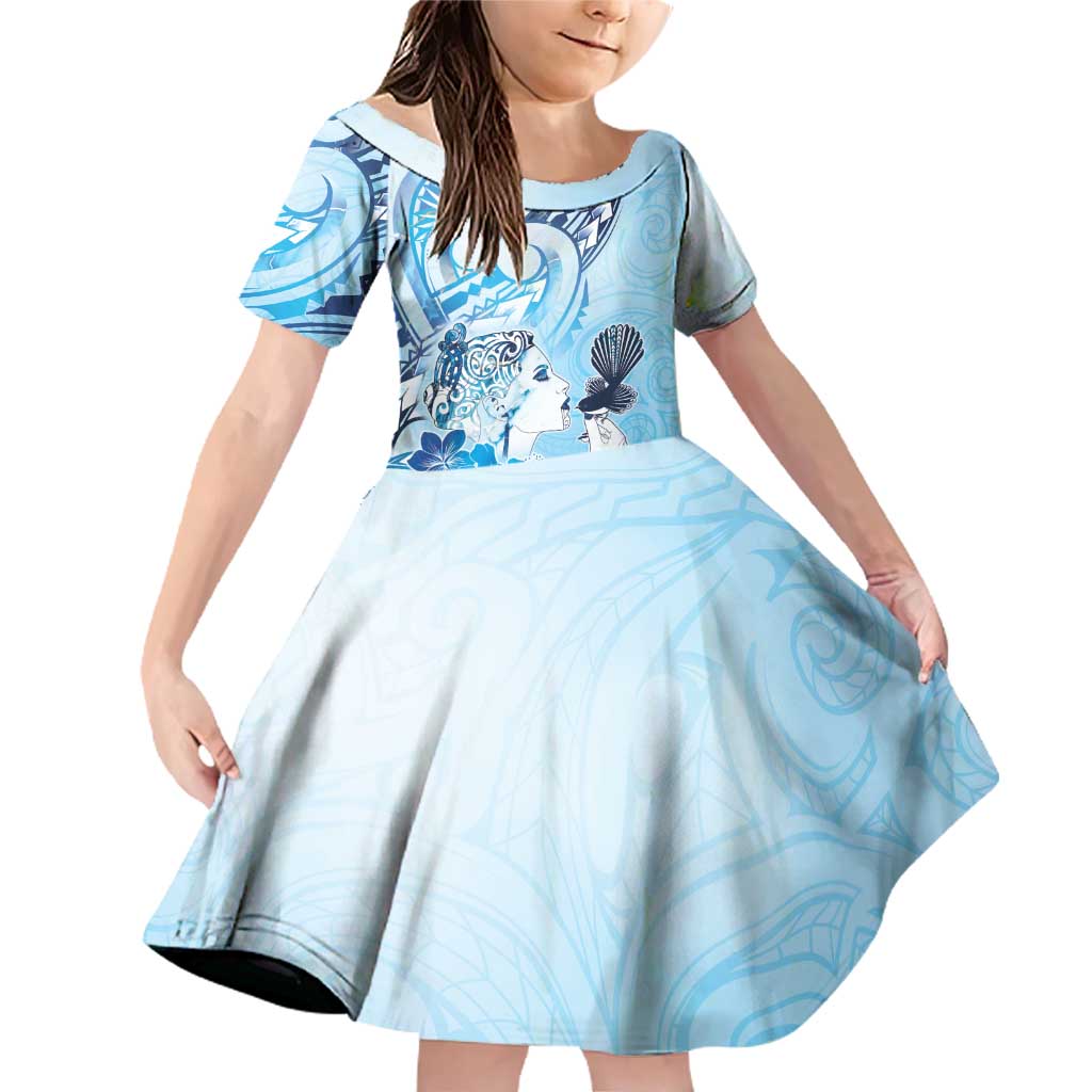 Aotearoa Maori Wahine Family Matching Off Shoulder Short Dress and Hawaiian Shirt Fantail Bird Blue Gold Marble LT05 Daughter's Dress Blue - Polynesian Pride