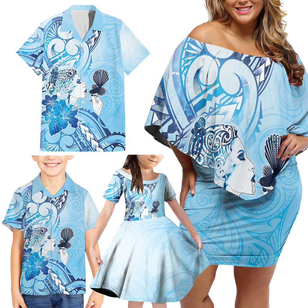 Aotearoa Maori Wahine Family Matching Off Shoulder Short Dress and Hawaiian Shirt Fantail Bird Blue Gold Marble LT05 - Polynesian Pride
